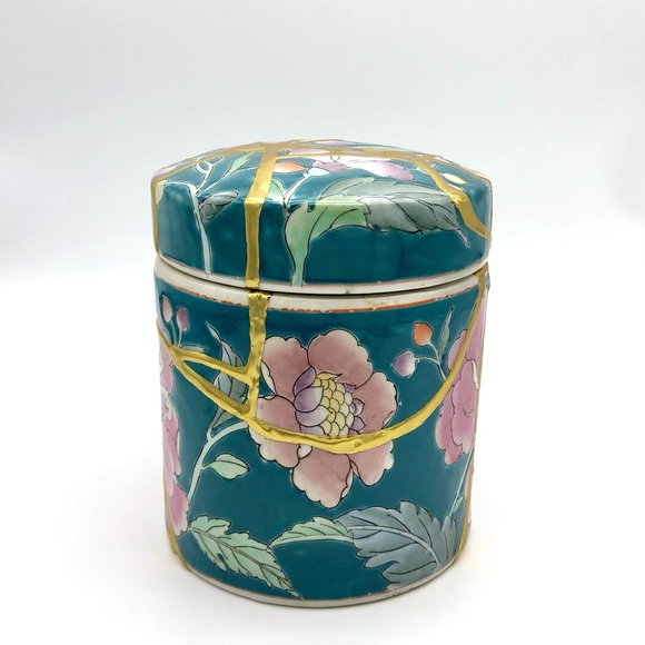 Kintsugi Container Stash Pot Chinese Floral Porcelain Gold Crack Growth Gift - Picture 4 of 13